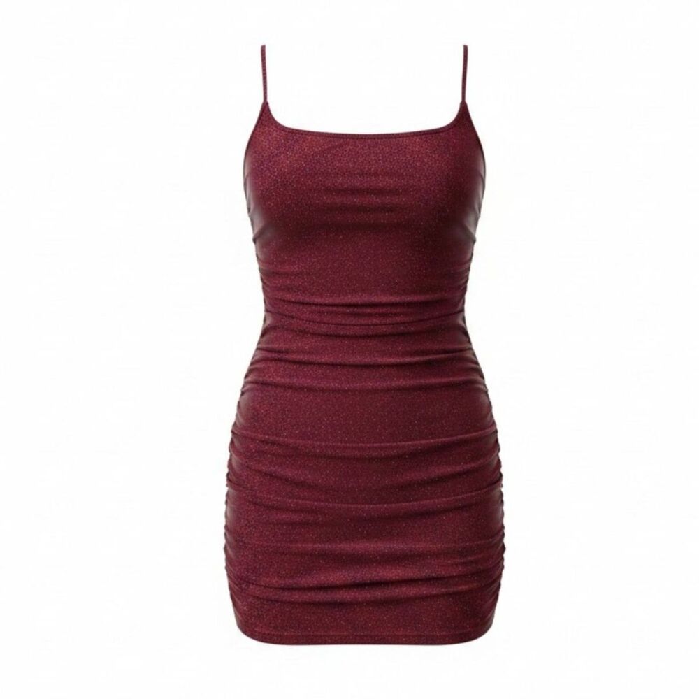 Windsor Burgundy Glitter Ruched Bodycon Dress Size Small Strappy Lace-Up Back